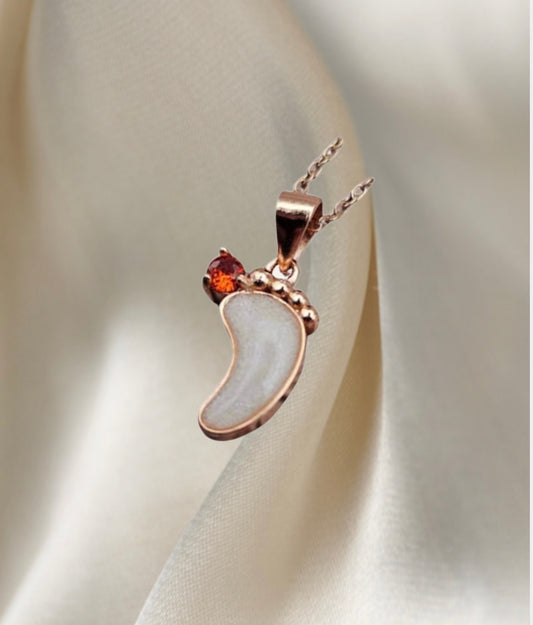 Baby voetje moedermelk hanger met geboortesteentje - zilver - rosé plated