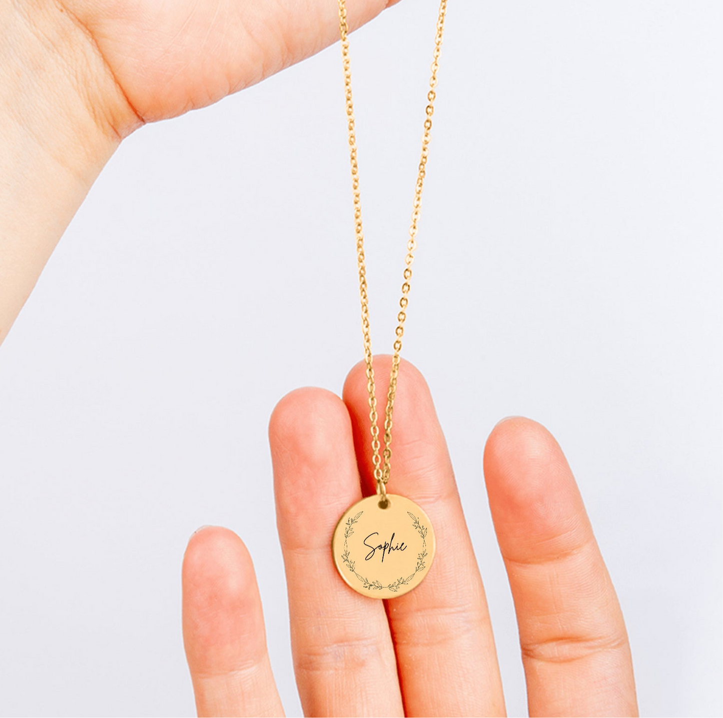 Nome della collana con incisione del nome della collana, gioielli rotondi con monete - argento - rosa - oro