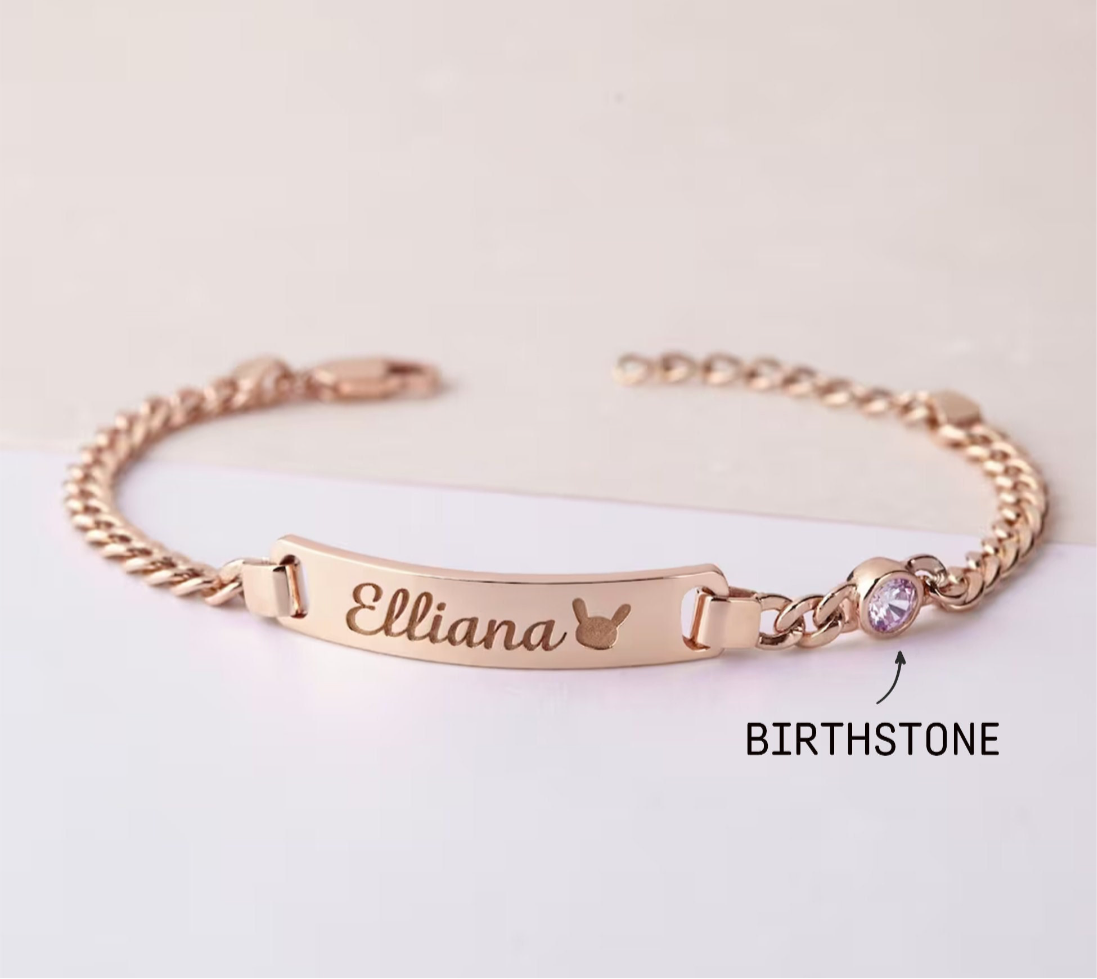Bebê - pulseira com nome infantil e pedra de nascimento dourada