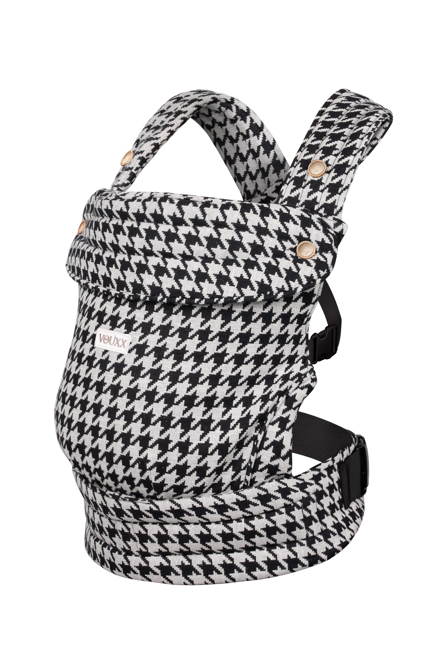 ergonomische baby draagzak in katoen linnen. Gecertificeerd model. zwart wit van het merk VOUXX
