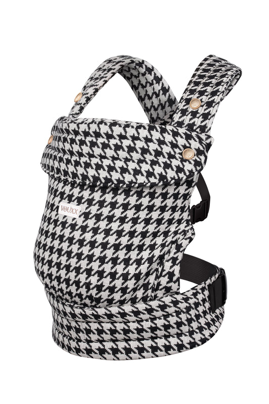 ergonomische baby draagzak in katoen linnen. Gecertificeerd model. zwart wit van het merk VOUXX