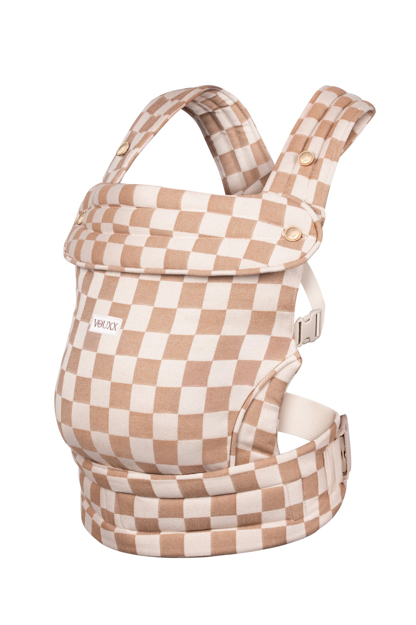 Ergonomische draagzak 100% katoen duurzaam en veilig blokjes stof in beige kleur van VOUXX