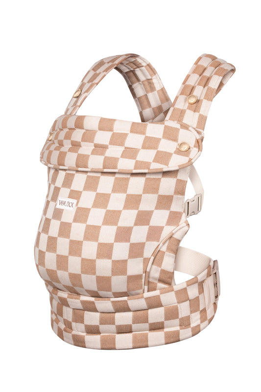 Ergonomische draagzak 100% katoen duurzaam en veilig blokjes stof in beige kleur van VOUXX