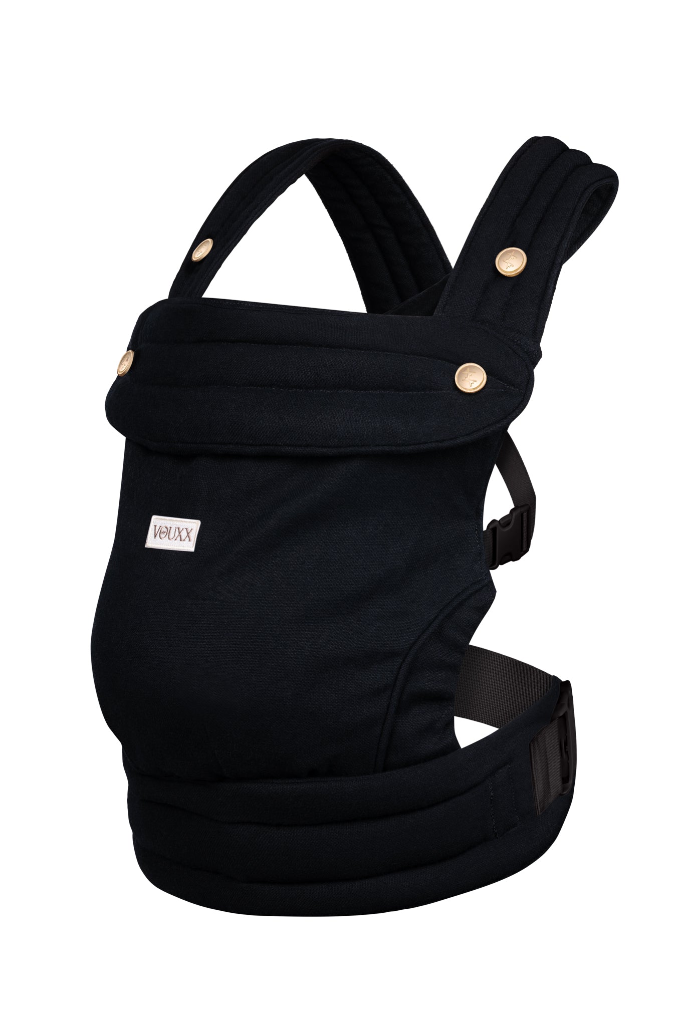 Ergonomische baby draagzak zwart linen katoen VOUXX duurzaam in Nederland gemaakt. Oektoex  gecertificeerd