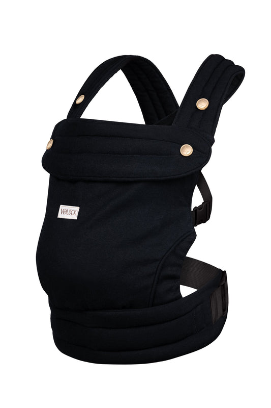 Ergonomische baby draagzak zwart linen katoen VOUXX duurzaam in Nederland gemaakt. Oektoex  gecertificeerd