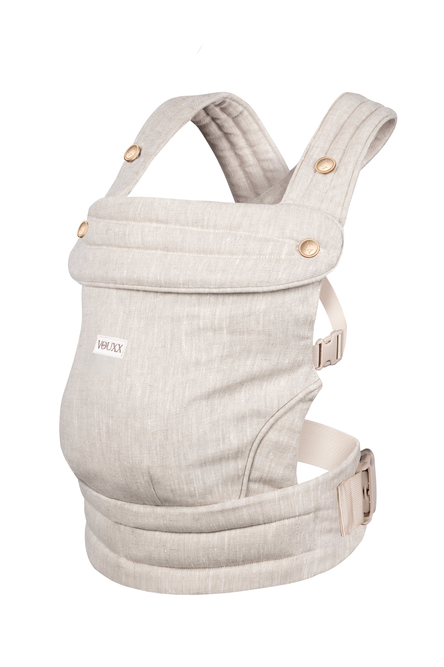 Baby draagzak beige linnen ergonomisch ontwerp van VOUXX, duurzaam gemaakt in Nederland