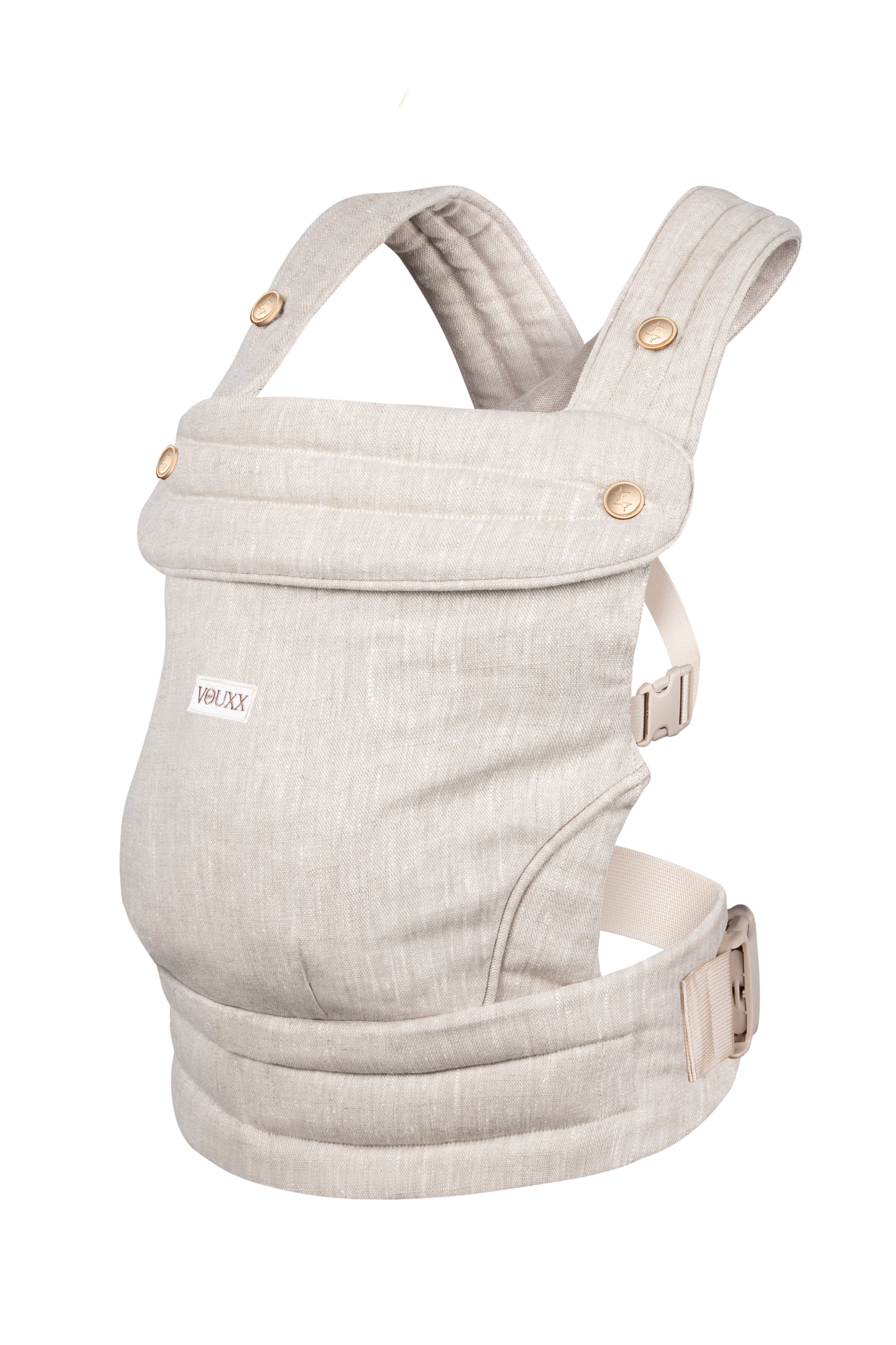 Baby draagzak beige linnen ergonomisch ontwerp van VOUXX, duurzaam gemaakt in Nederland