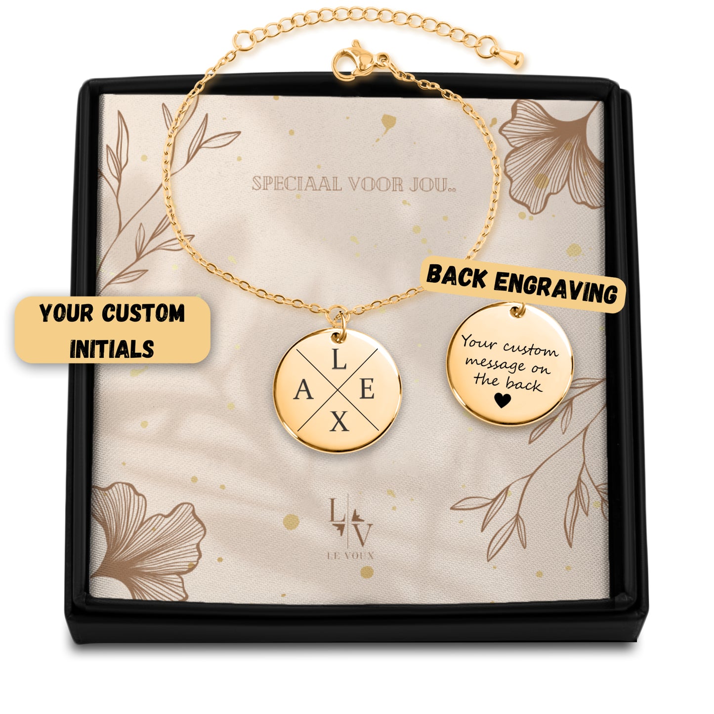 Pulseira moeda com iniciais de letras - prata - ouro rosa - ouro