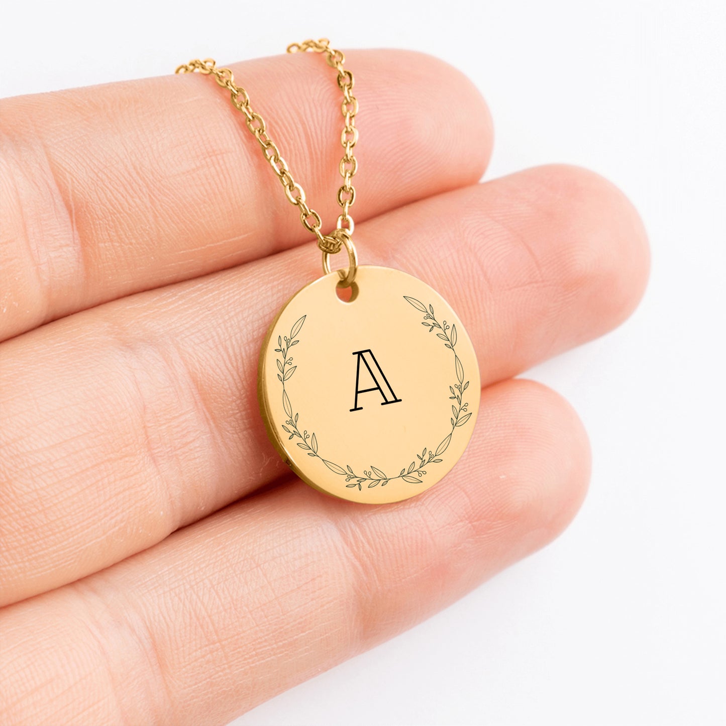 colar de moeda com folhas e letras iniciais - prata - ouro rosa - ouro