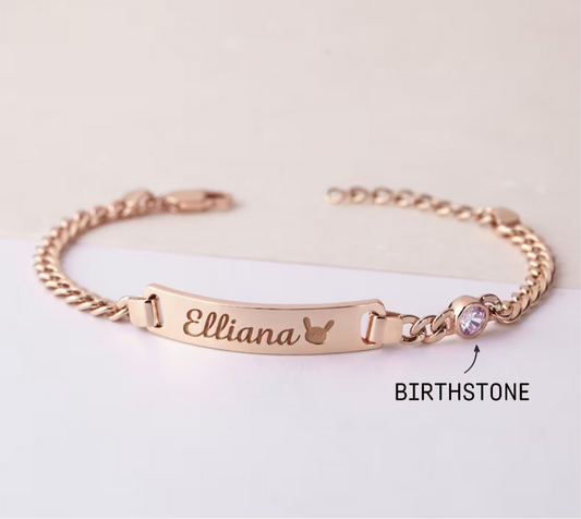 Bébé-bracelet prénom pour enfant avec pierre de naissance dorée