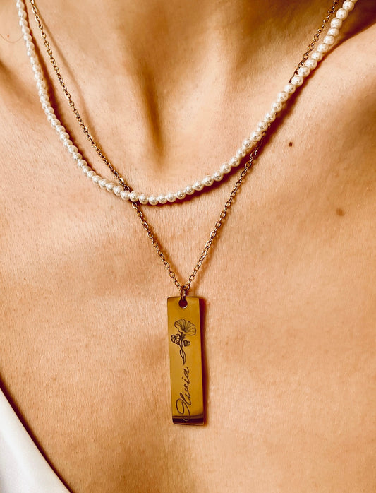 Fleur de naissance avec nom et texte Collier personnalisé Bijoux de naissance-Argent-Rose-Or