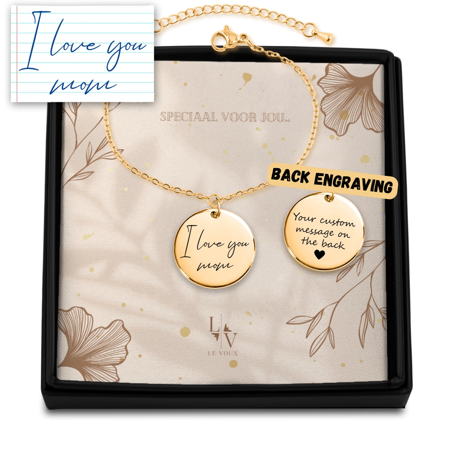 Envie seu texto escrito ou desenho para esta pulseira de moeda - prata - ouro rosa - ouro