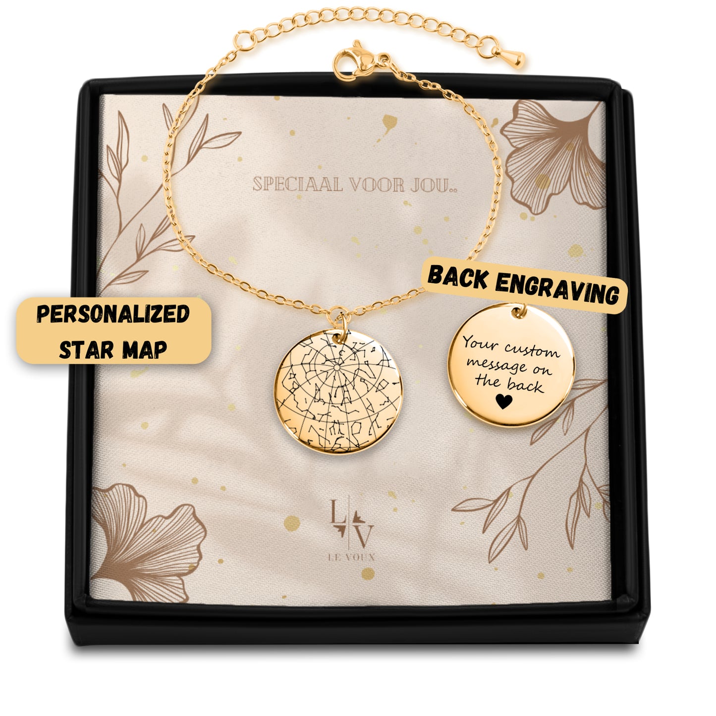 Ornamento de gráfico estelar de data com gráfico de texto - prata - ouro - ouro rosa